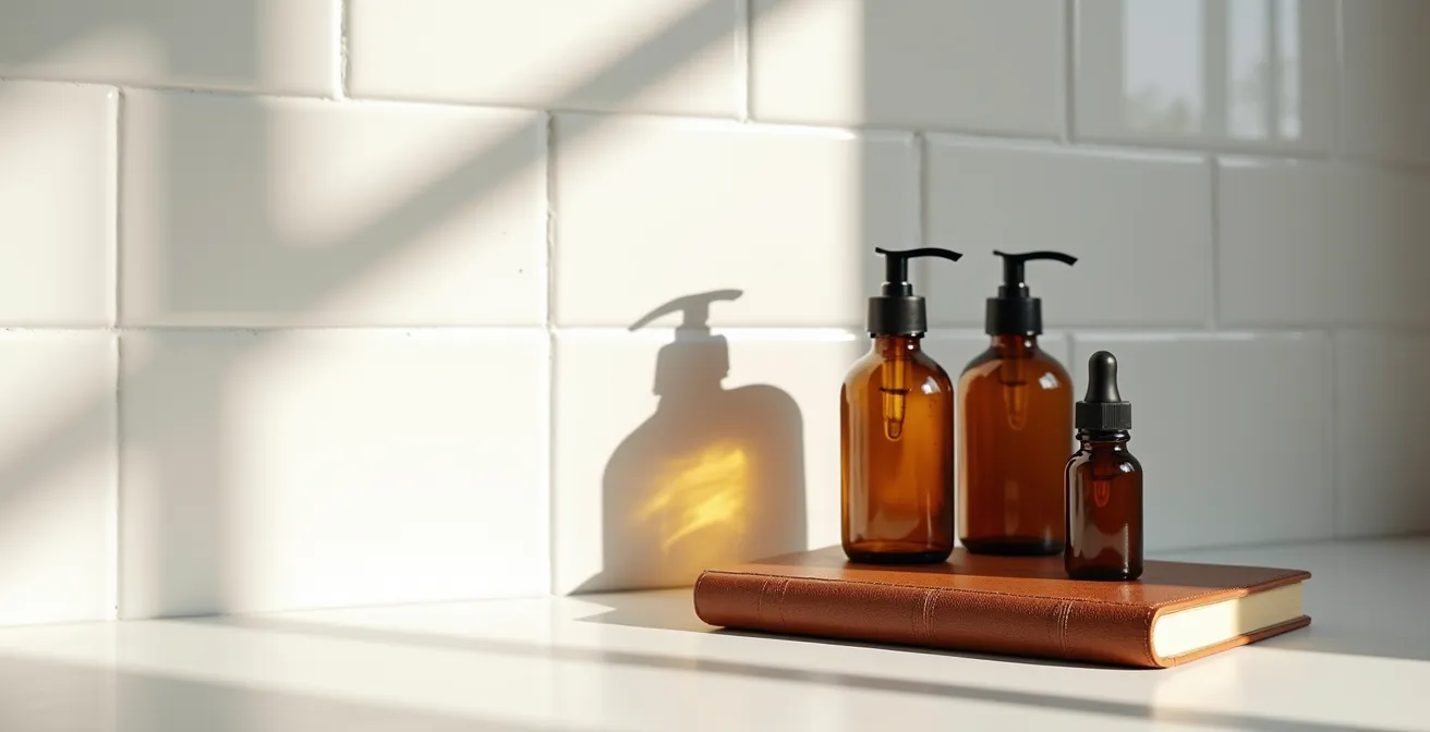 Minimalistische Darstellung von Hautpflegeprodukten neben einem aufgeschlagenen Notizbuch