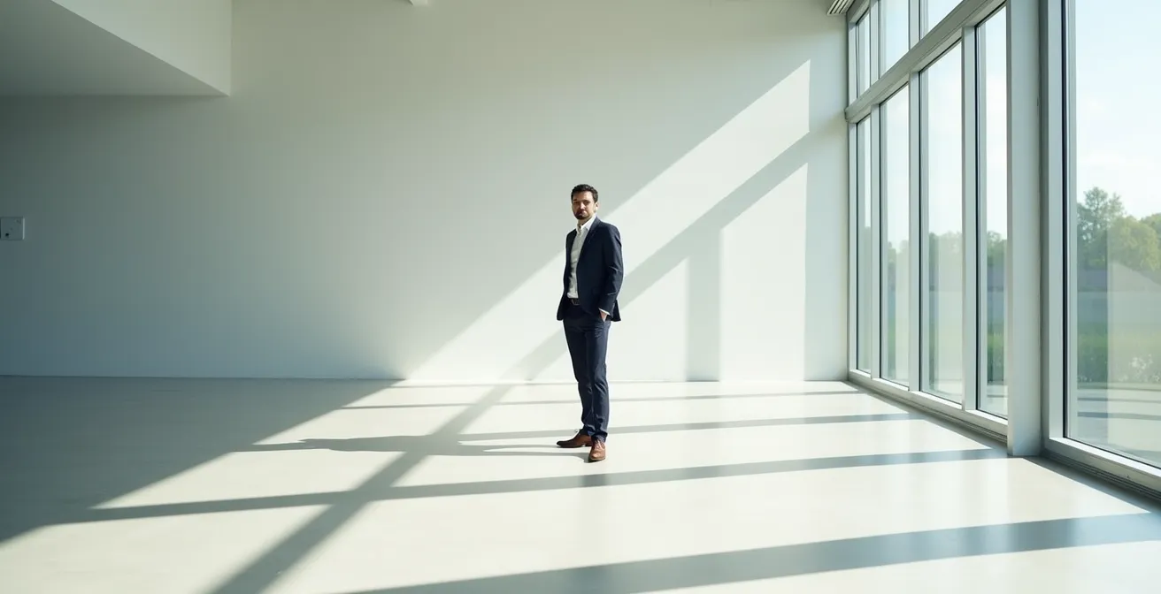 Person in minimalistischer Umgebung mit selbstbewusster Ausstrahlung