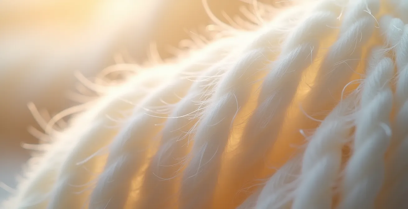 Detailaufnahme von Kaschmirfasern mit sichtbarer Faserstruktur und Textur