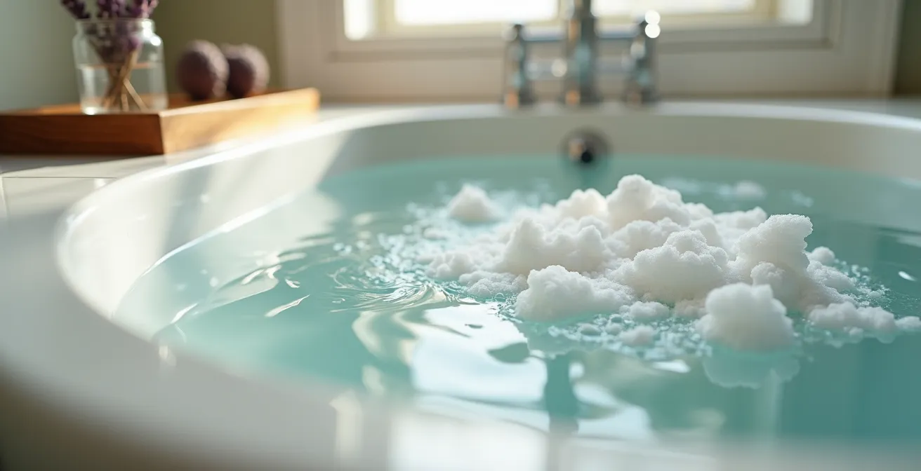 Thermometer in Badewasser zeigt ideale Temperatur für Wellness-Bad