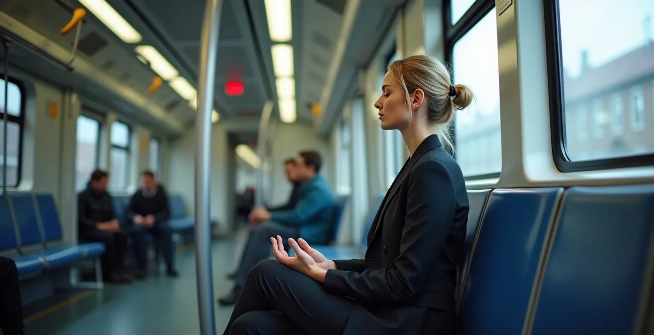 Person meditiert diskret in öffentlichen Verkehrsmitteln