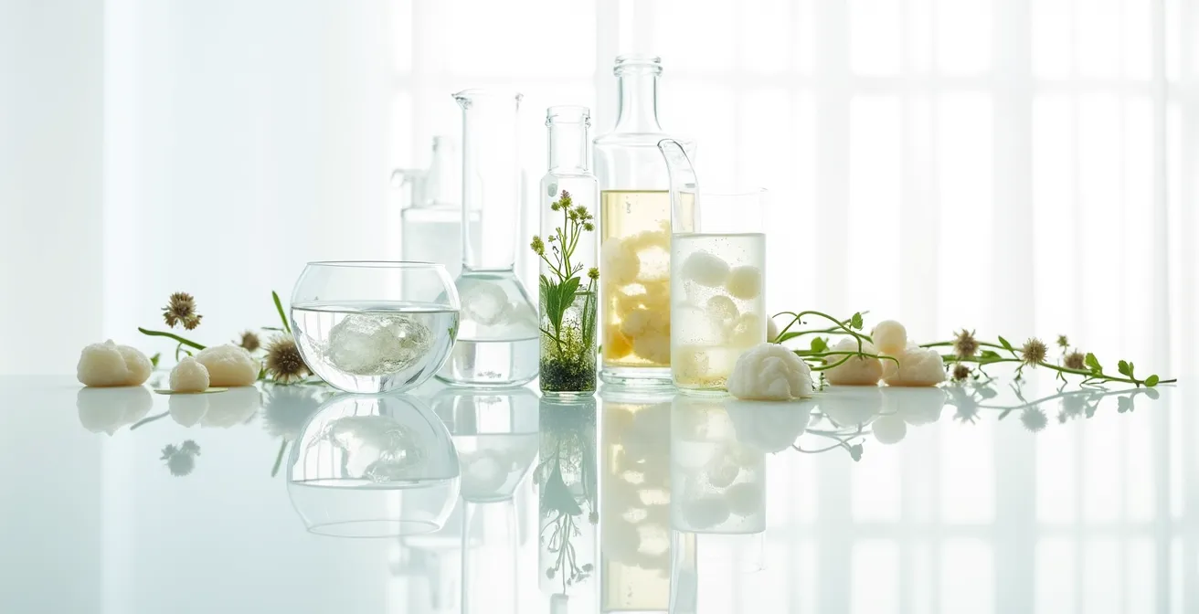 Gegenüberstellung von Laborequipment und wilden Kräutern in harmonischer Balance