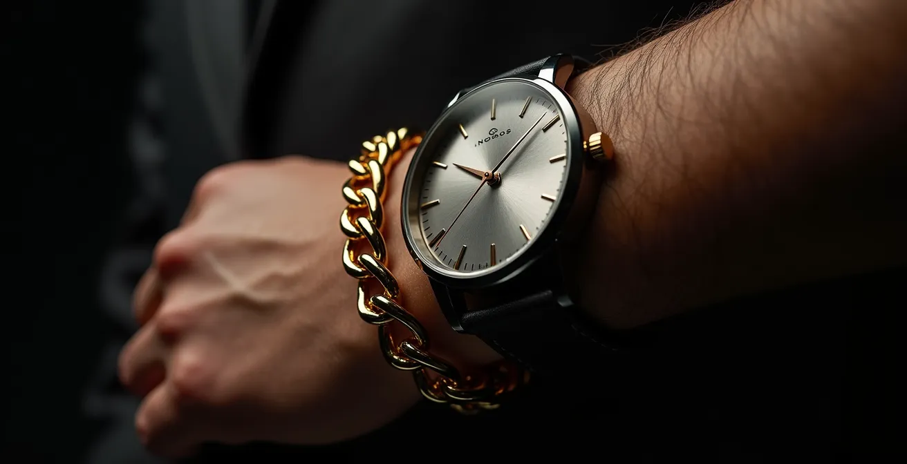 Detailaufnahme eines Handgelenks mit perfekt gelayertem Gliederarmband und Luxusuhr