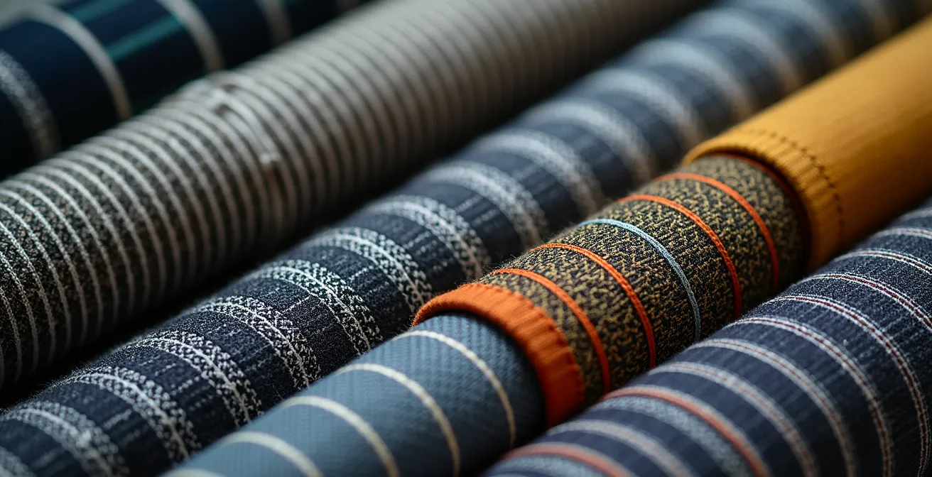 Nahaufnahme von geometrischen Linien auf Kleidungsstücken mit Bauhaus-Inspiration