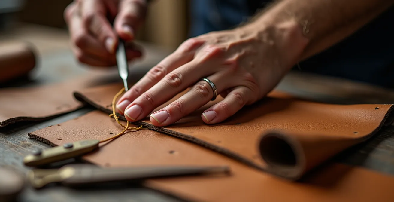 Detailaufnahme von handgefertigten Lederaccessoires in einer deutschen Werkstatt
