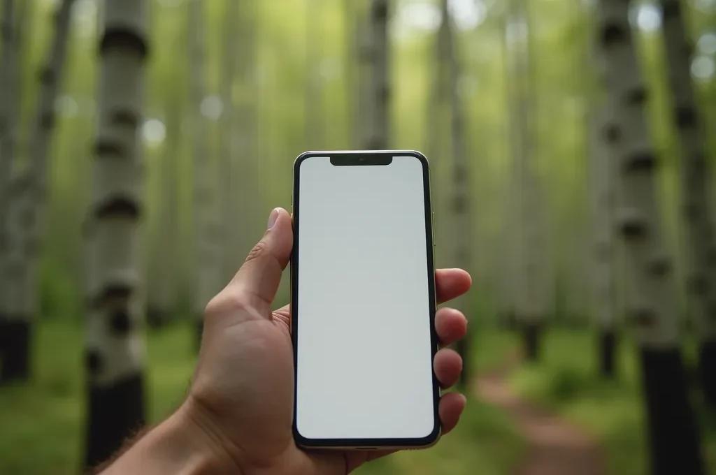 Hand hält Smartphone in natürlicher Umgebung mit unscharfem Waldhintergrund