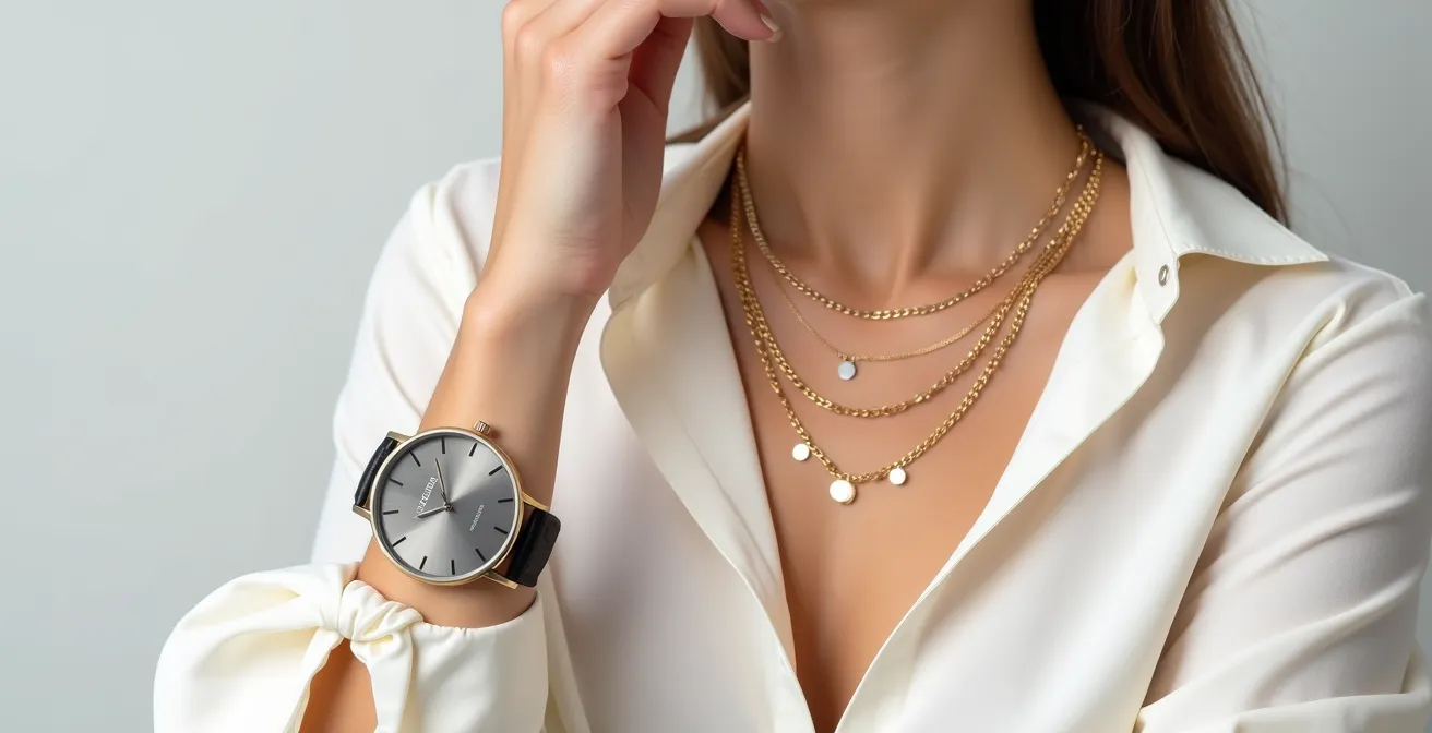 Geteiltes Bild zeigt links minimalistischen Look mit einzelner Uhr, rechts mehrere zarte goldene Ketten