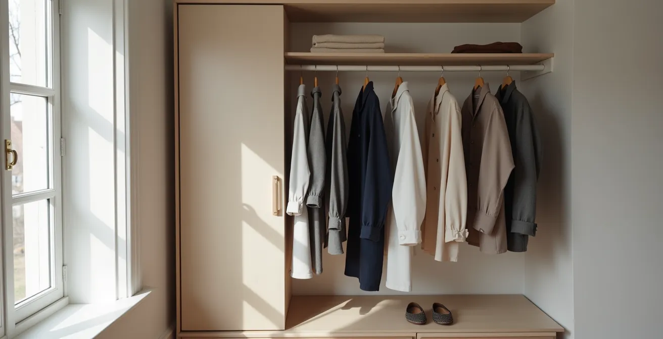 Aufgeräumter Kleiderschrank mit kuratierter Kapselgarderobe in neutralen Tönen
