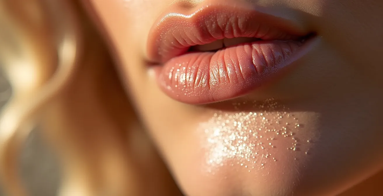 Makroaufnahme von schimmerndem Highlighter auf Wangenknochen im natürlichen Licht