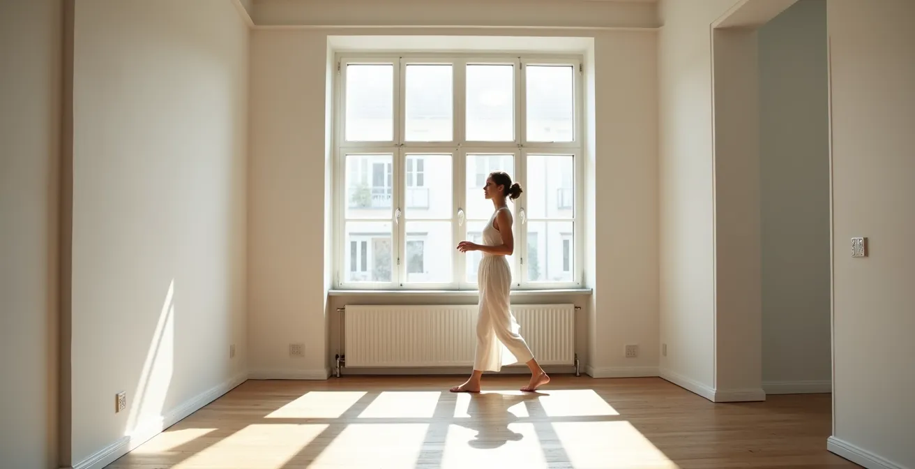 Weitaufnahme einer selbstbewussten Frau in minimalistischer Umgebung mit offener Körpersprache