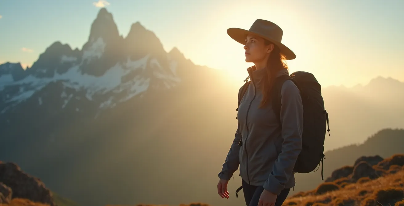 Sportlerin beim Bergwandern mit Sonnenhut und UV-Schutzkleidung in den deutschen Alpen