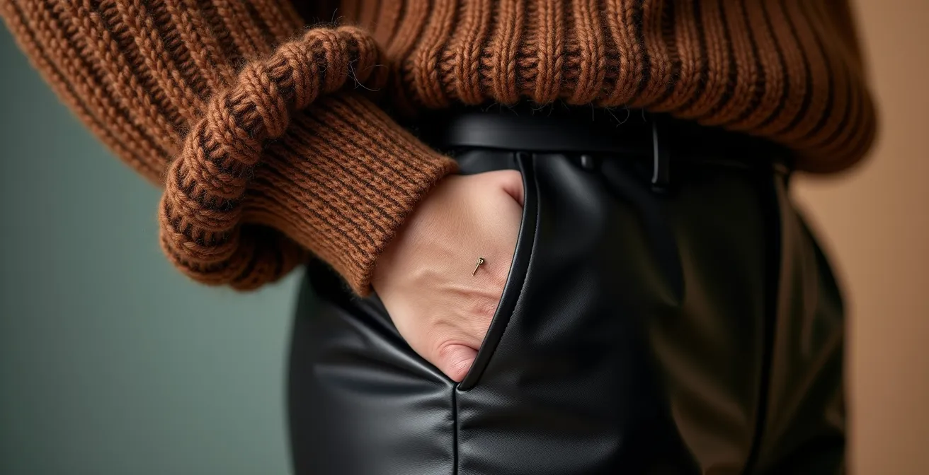 Frau trägt voluminösen Strickpullover mit sichtbaren Handgelenken als Ankerpunkt