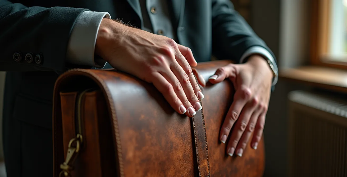 Nahaufnahme einer gut gealterten Ledertasche mit natürlicher Patina