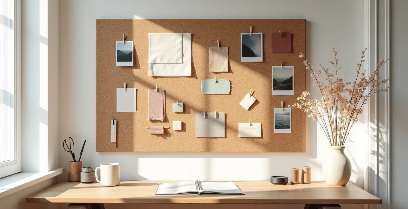 Kreativer Arbeitsplatz mit Stoffmustern und Stil-Inspiration für ein persönliches Moodboard