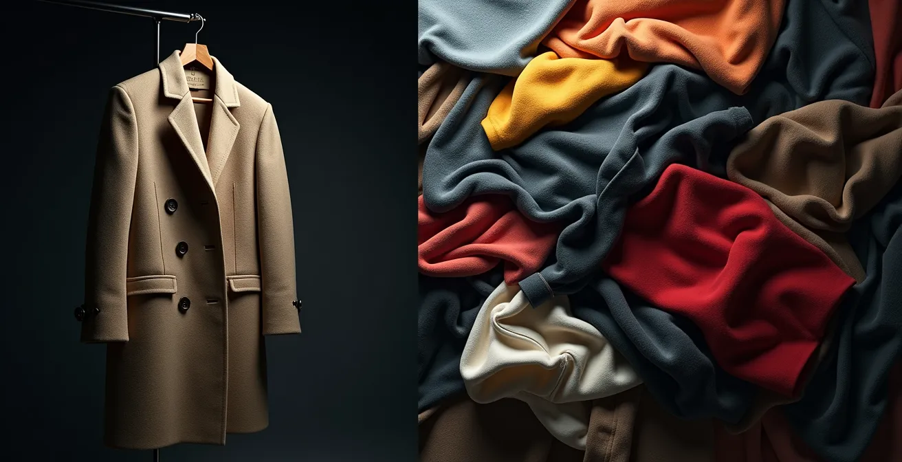 Visueller Vergleich zwischen einem hochwertigen Kleidungsstück und mehreren billigen Alternativen