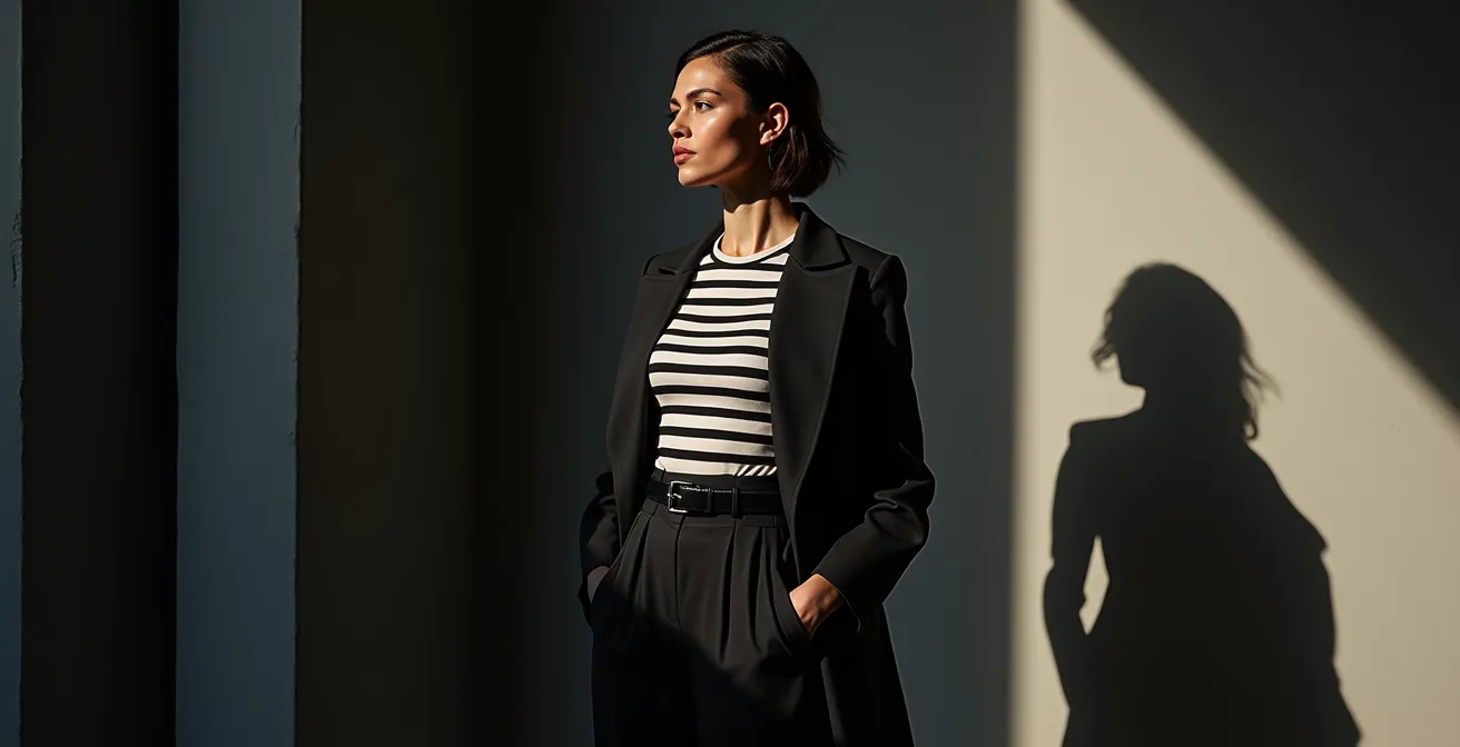 Selbstbewusste Frau trägt Querstreifen mit betonter Taille