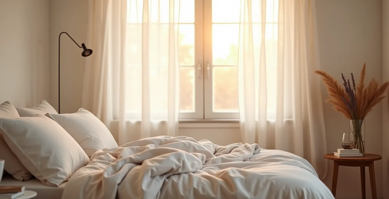 Eine friedliche und minimalistische Schlafzimmerumgebung mit natürlichem Licht, die optimale Bedingungen für die Hautregeneration symbolisiert.