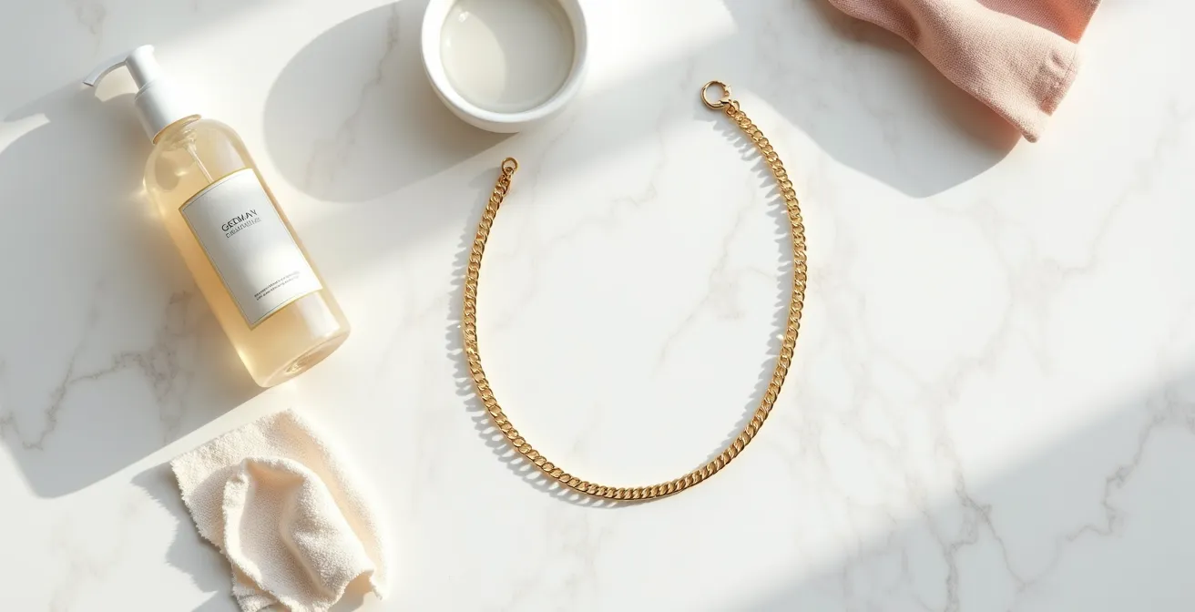 Stillleben mit professionellen Schmuckpflegeprodukten und einem goldenen Gliederarmband