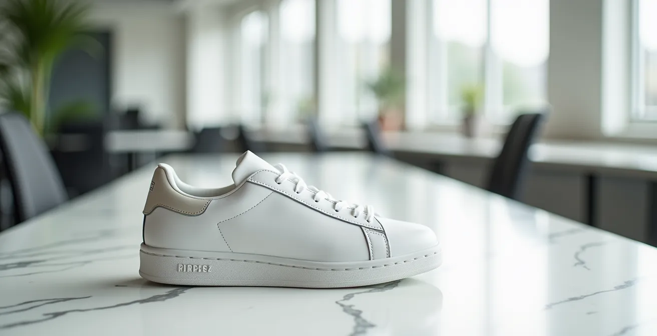 Hochwertiger minimalistischer Ledersneaker in Nahaufnahme zeigt Qualitätsmerkmale