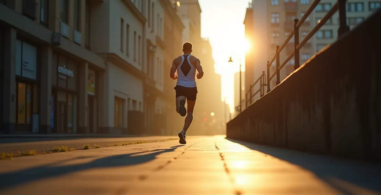 Läuferin mit UV-Schutz in urbaner Umgebung bei Morgenlicht