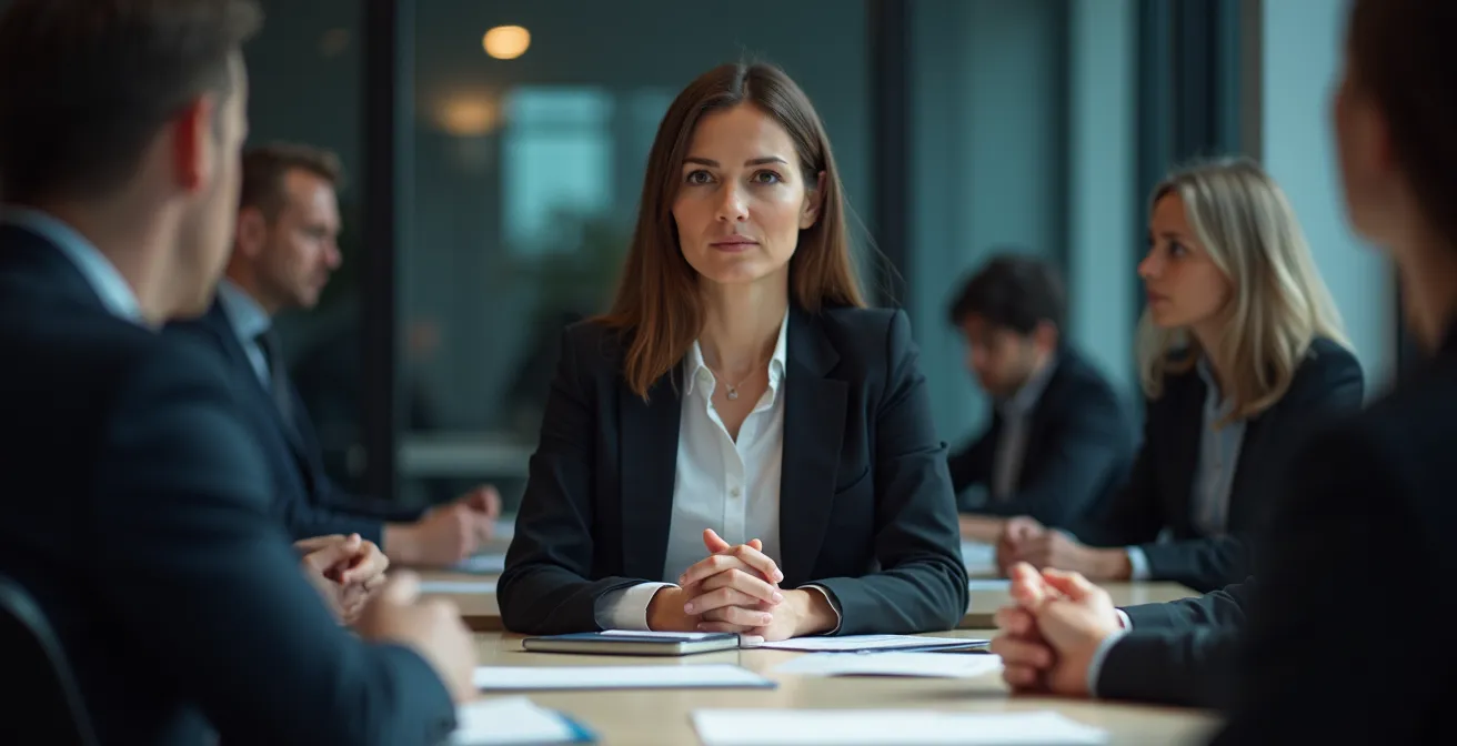 Ruhige, aufmerksame Person in deutschem Meetingraum zeigt stille Autorität