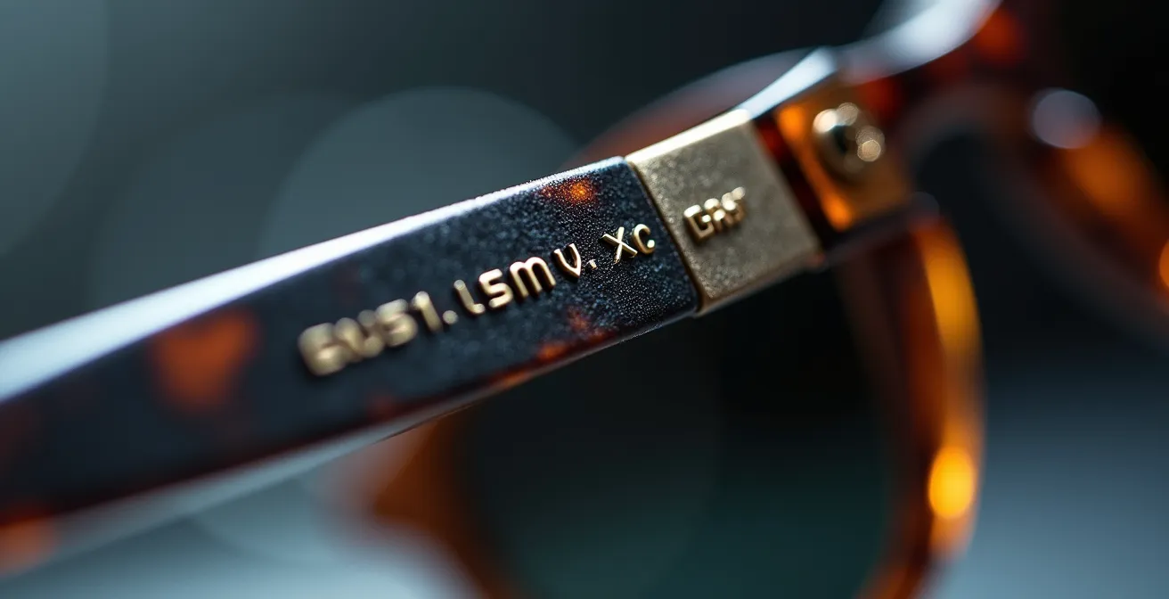 Makroaufnahme von Sonnenbrillendetails mit CE-Kennzeichnung und UV400-Prägung