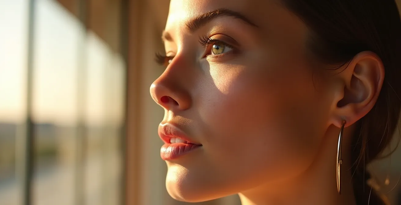 Seitliche Ansicht eines Gesichts mit sanft verblendeten Konturen im Abendlicht