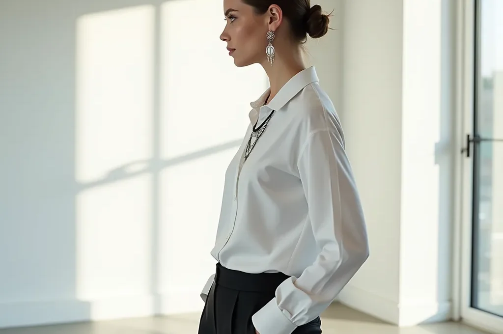 Demonstrative Darstellung des visuellen Gleichgewichts zwischen einem minimalistischen Outfit und einem einzelnen, markanten Accessoire nach Bauhaus-Prinzipien.