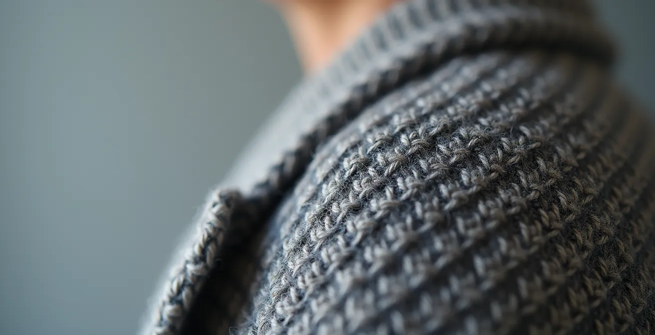 Nahaufnahme eines hochwertigen Wollpullovers mit kunstvoll sichtbarer Reparatur in Sashiko-Technik