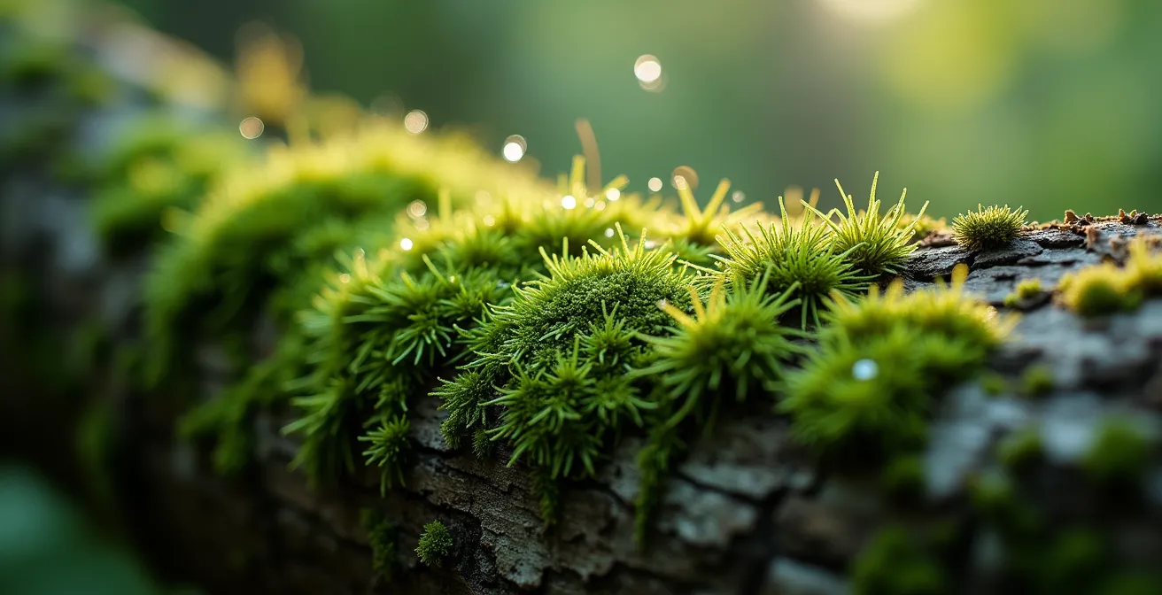 Nahaufnahme von sattgrünem Moos auf einem Baumstamm, die die Textur und die Details der Natur hervorhebt.