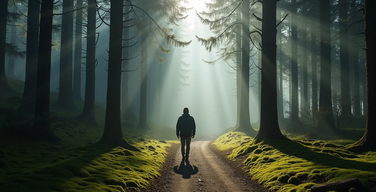 Person beim meditativen Waldspaziergang im deutschen Mischwald