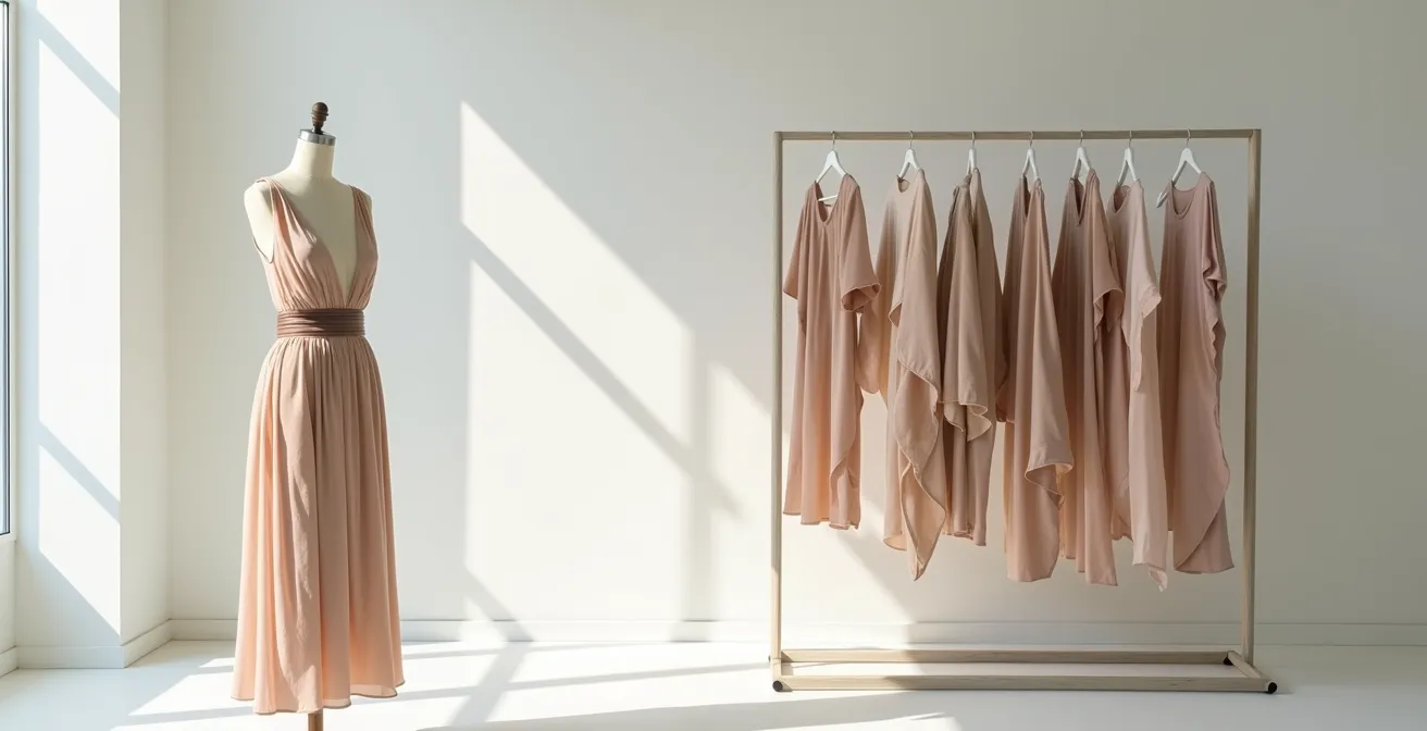 Fließende Stoffe mit architektonischer Drapierung in minimalistischer Umgebung