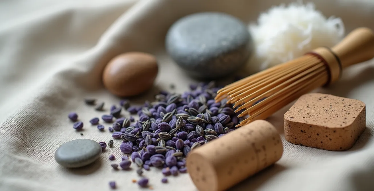 Persönlicher Wellness-Notfallkoffer mit verschiedenen Selbstfürsorge-Tools für Stresssituationen