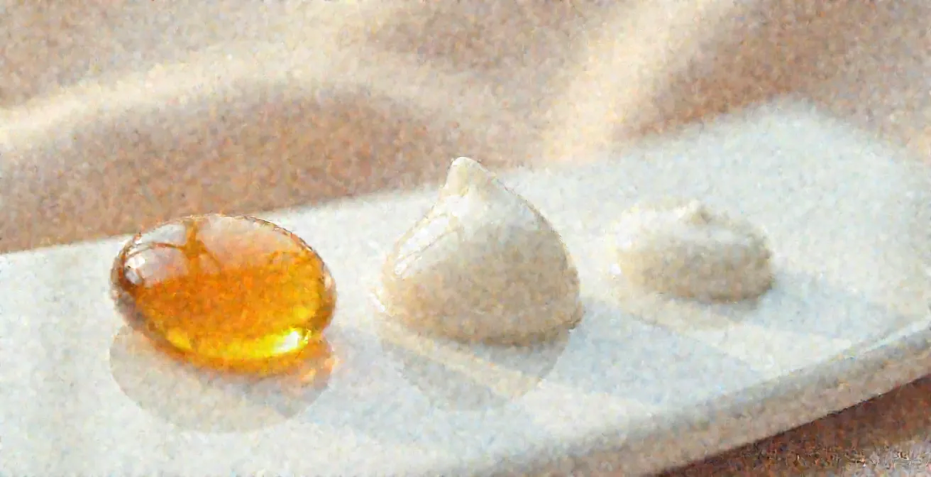 Portfolio-Ansatz der Anti-Aging-Wirkstoffe visualisiert als drei unterschiedliche kosmetische Texturen auf einer weißen Palette.