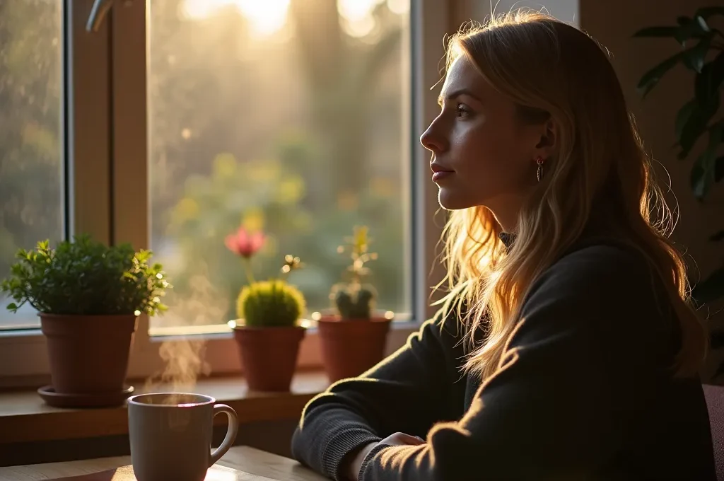 Person am Fenster mit Notizbuch in ruhiger Morgenatmosphäre