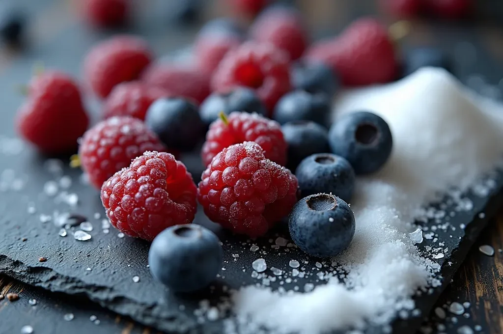 Makroaufnahme, die den scharfen Kontrast zwischen weißen Zuckerkristallen und der natürlichen Textur frischer Beeren zeigt.