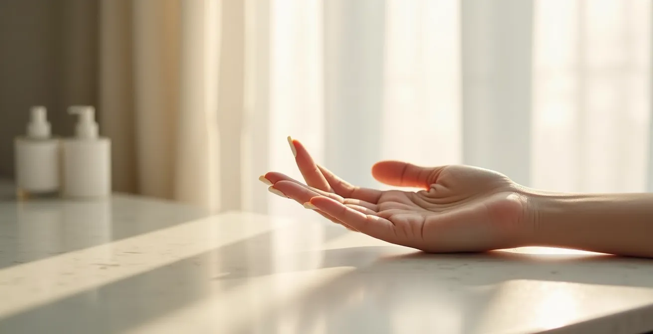 Nahaufnahme einer Hand mit zwei Linien Sonnencreme auf Zeige- und Mittelfinger