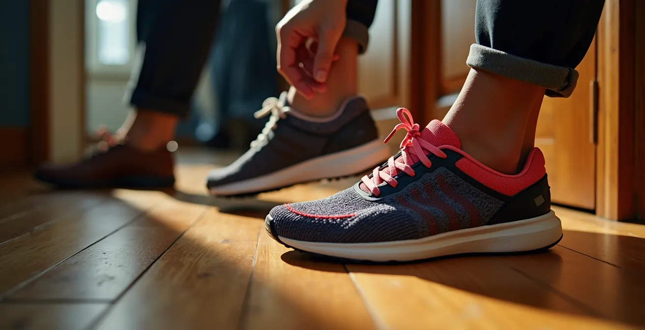 Nahaufnahme von Händen, die Straßenschuhe gegen Sportschuhe in einem deutschen Hausflur tauschen